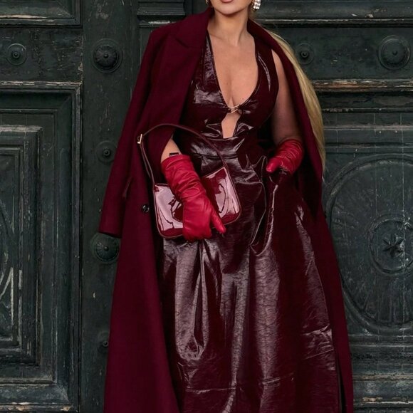 Burgundy Party Women's Long V-Neck Dress Maxi Outfit - Picture 1 of 8